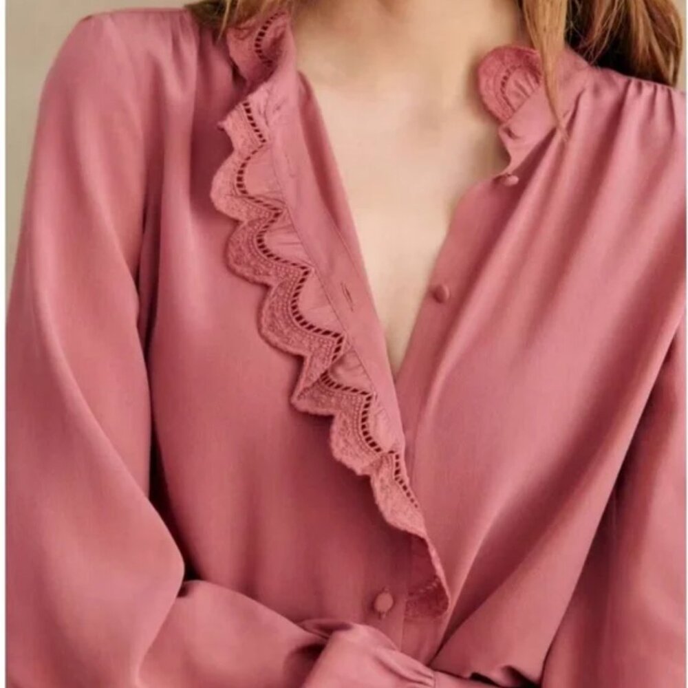 Sezane Chlo Silk Shirt Blouse Rosewood Pink Classic French Top Lace - Picture 3 of 12